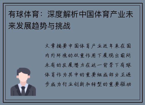 有球体育：深度解析中国体育产业未来发展趋势与挑战